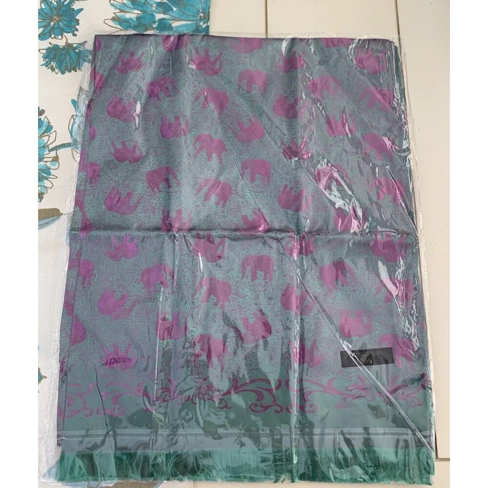 100% Thaisilk Silk Scarf Light Green w/ Pink Elephants Tasseled Edging Silk B1